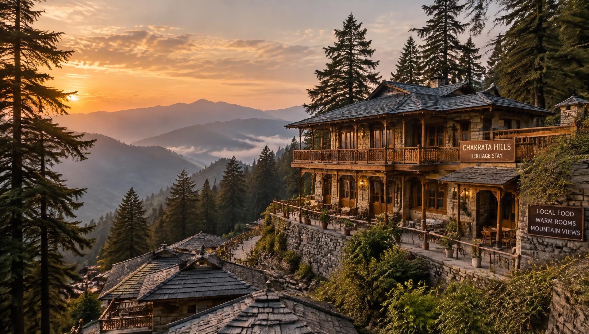 Jaunsarvita hotel among deodar forests in Chakrata at sunset